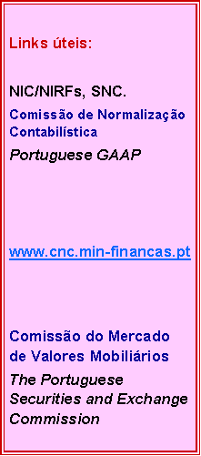 Text Box: Links úteis:
NIC/NIRFs, SNC.
Comissão de Normalização Contabilística
Portuguese GAAP
www.cnc.min-financas.pt
Comissão do Mercado de Valores Mobiliários
The Portuguese Securities and Exchange Commission